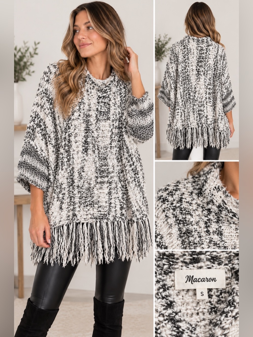 Macaron cozy Fringe eyelash Poncho Sweater in Beige and Blue